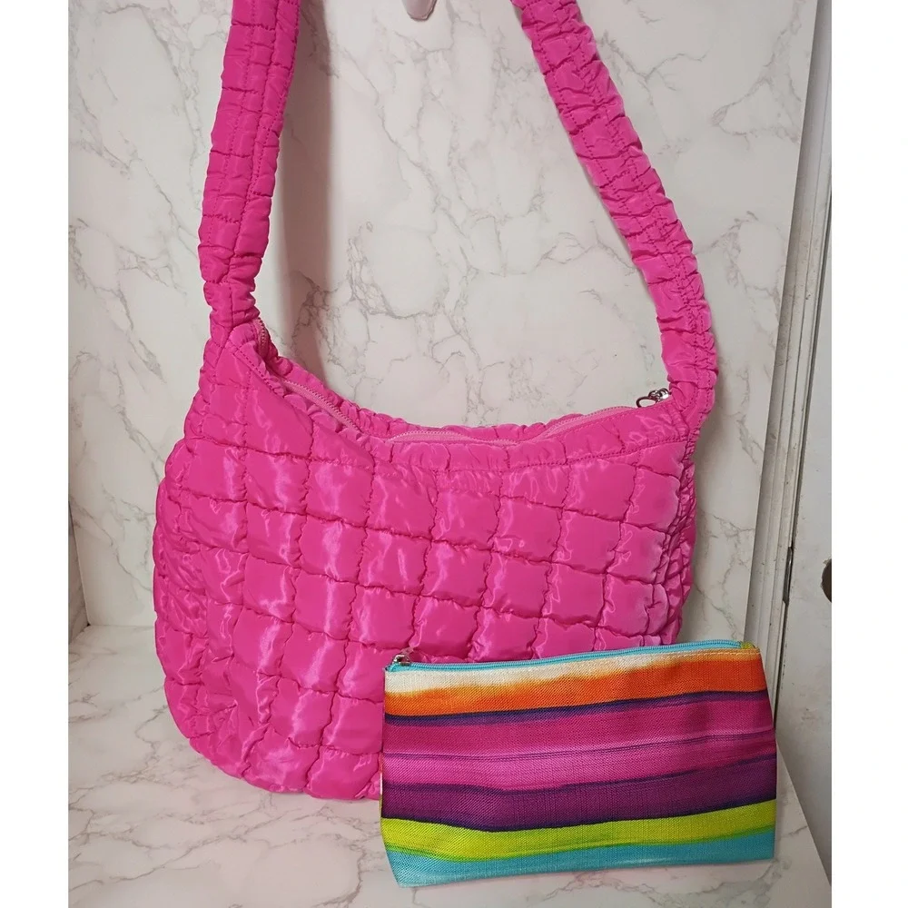 Hot Pink Quilted Puffer Hobo Bag & Clinque Striped Cosmetic Bag